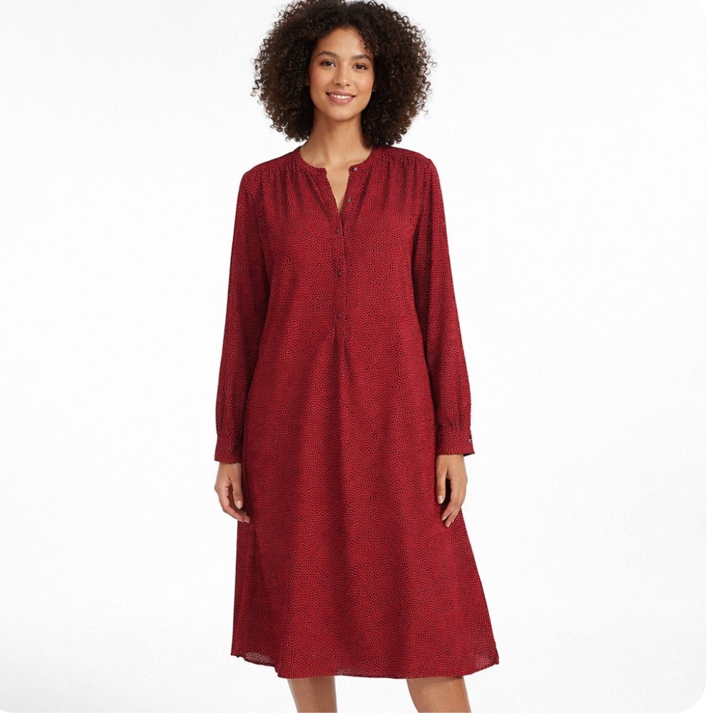 Boden Red Long Sleeve Midi Dress Polka Dot V-Neck Button Front Women’s Large